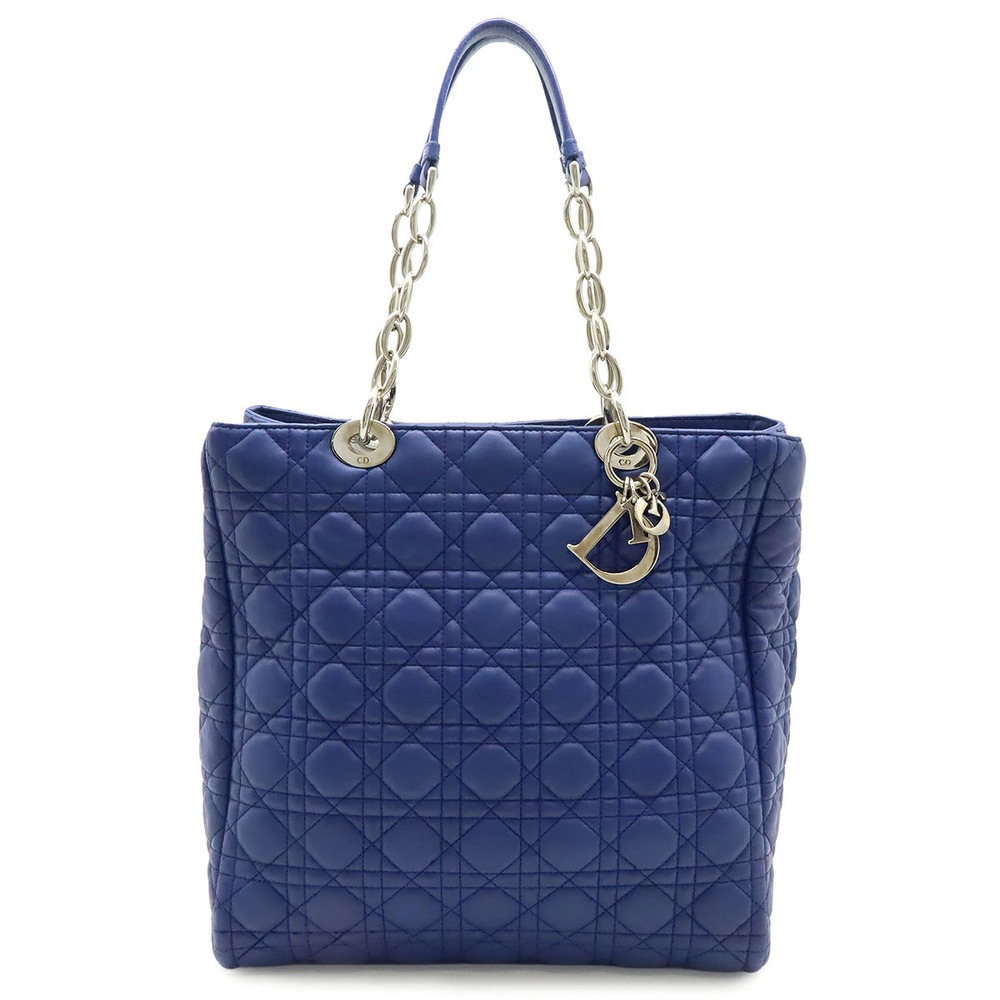 Christian Dior Cannage Tote Bag Chain Shoulder Leather Navy Blue